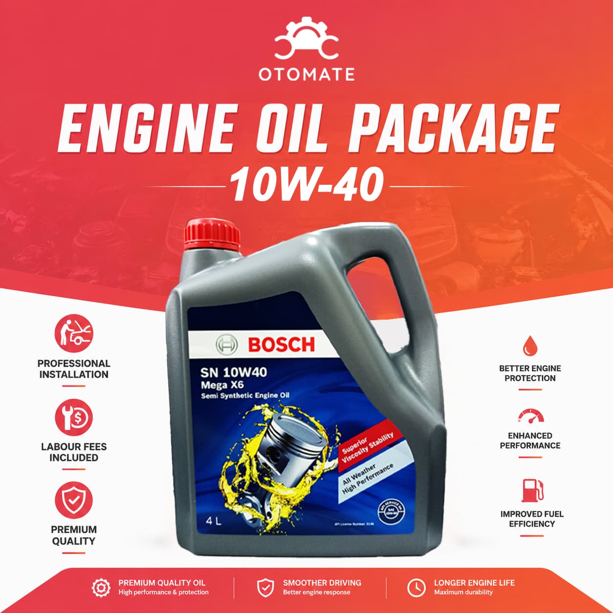 ENGINE OIL SERVICE : 10W40 SEMI SYN - 4L [BOSCH] AF0-009 PAPER OIL FILTER
